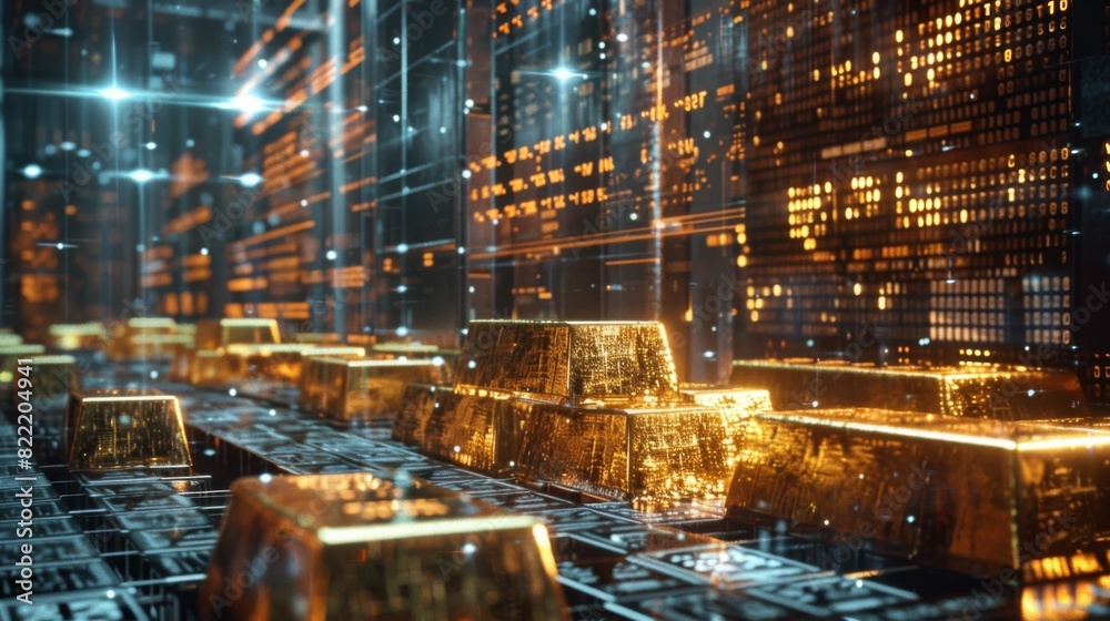 Gold bars in a secure room, overlaid with real-time gold futures data Gold bars in a secure room, overlaid with real-time gold futures data