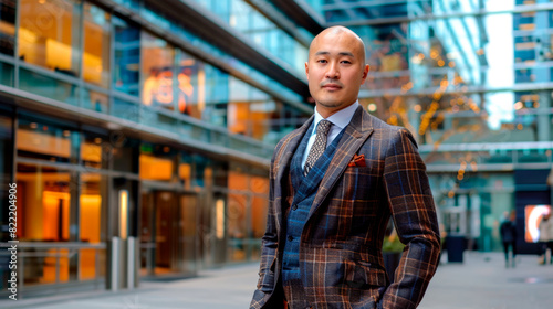 Confident Asian CEO in checkered suit standing in modern cityscape. © ciprian