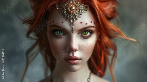Fantasy portrait of a redhead with an ornate crown, ideal for mystical and fashion themes.