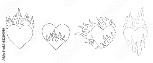 Outline burning heart icon set. Heart silhouette with fire, blazing love pictogram