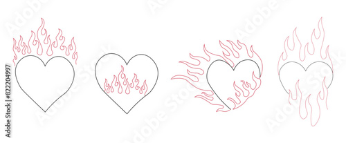 Outline burning heart icon set. Heart silhouette with fire, blazing love pictogram