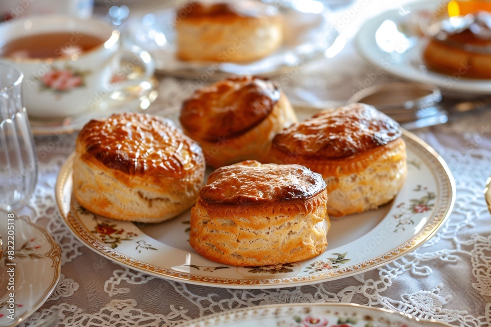 Up close encounter with freshly baked scones on a lace tablecloth traditional tea setting Up close encounter with freshly baked scones on a lace tablecloth traditional tea setting