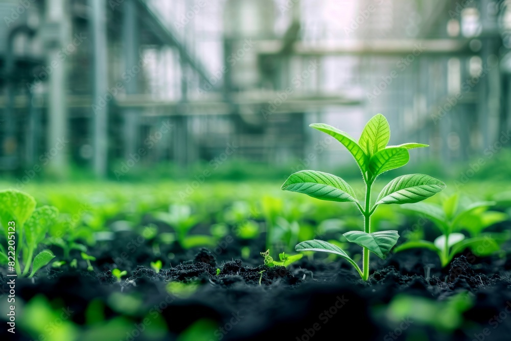 Young seedlings growing in soil with industrial plant blurred in background. Young seedlings growing in soil with industrial plant blurred in background.