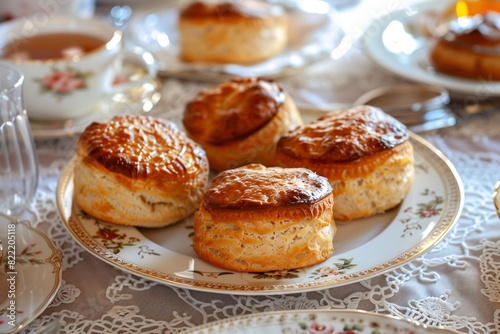 Up close encounter with freshly baked scones on a lace tablecloth traditional tea setting