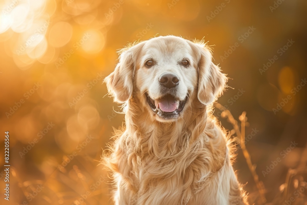 Golden Retriever sitting in field during golden hour. Golden Retriever sitting in field during golden hour.