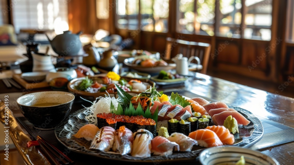 Fototapeta premium a tray of sushi with sushi on it and a cup of tea on the table