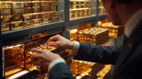 Gold bars placed in a safe deposit box, with a bank official overseeing the process photo
