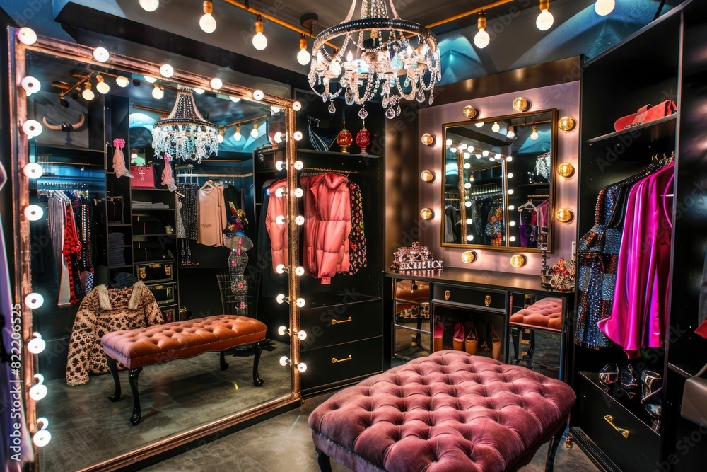A room with a mirror and a pink couch. The room is decorated with a lot of lights and has a lot of clothes