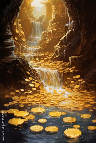 A magical cave with a waterfall flowing over a bed of gold coins.