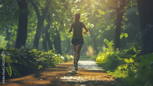 Woman enjoying physical fitness while running in the park, a concept illustrating the healthy and invigorating benefits of this activity photo