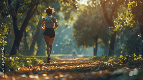 Photo realistic concept: A woman running in the park enjoying physical fitness and invigorating hobby, emphasizing health and enjoyment. Stock Photo Concept photo