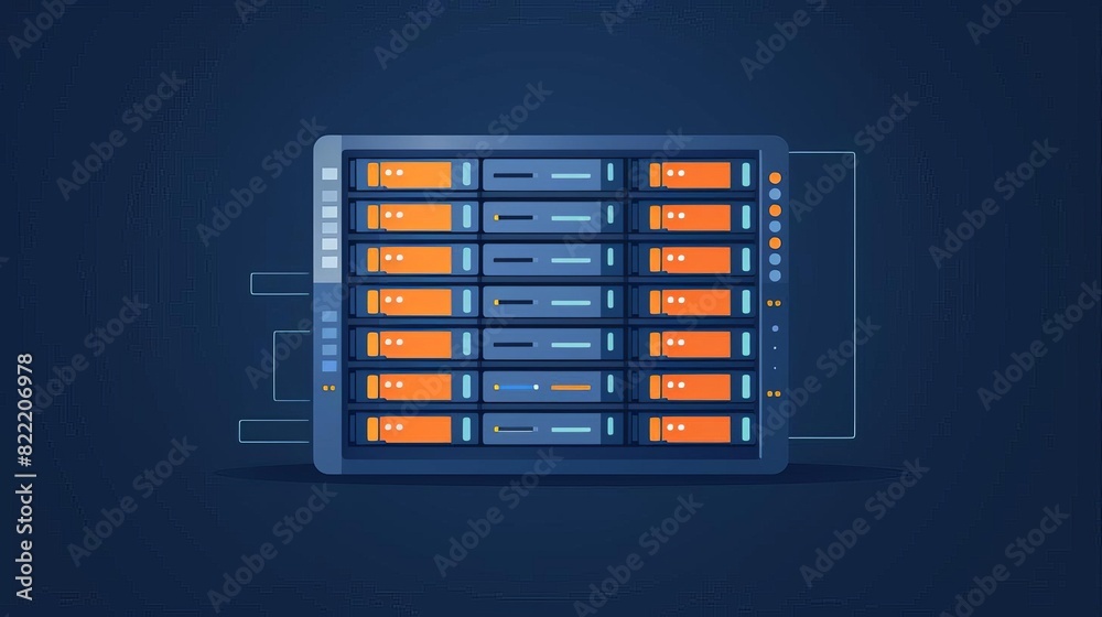 A server rack with multiple hard drives, glowing orange, against a dark blue background.