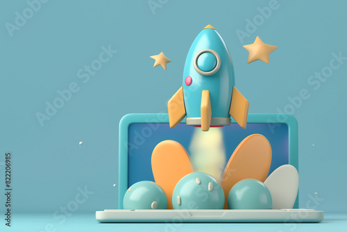 Illustration of a cartoon blue rocket flying out of a laptop, in the style of 3d render, explosive abstracts, commission for, ceramic, lively illustrations, website, blue background  photo