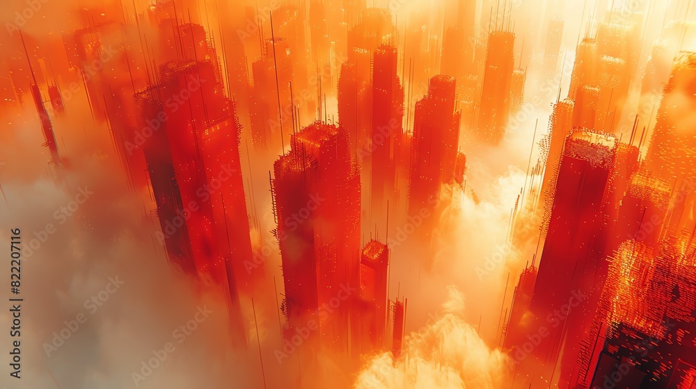 Fototapeta premium Aerial view of a futuristic city engulfed in dense orange fog, with skyscrapers rising dramatically through the mist.