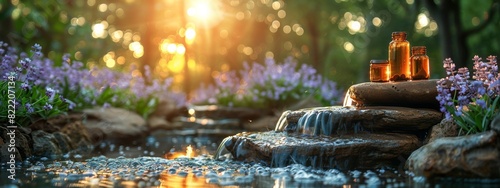 A serene scene of holistic health practices, with meditation, herbal remedies, and a peaceful natural setting.