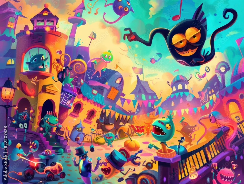 A colorful cartoon scene with a lot of monsters and people. Scene is playful and fun A colorful cartoon scene with a lot of monsters and people. Scene is playful and fun