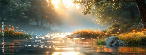 A serene scene with calming nature elements and motivational affirmations written in elegant typography.