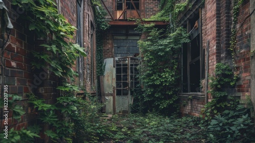 Overgrown brick building with abandoned door and windows © Yusif