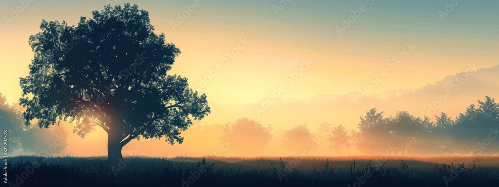 Naklejka premium A serene, sunrise landscape background with soft morning light and silhouettes.
