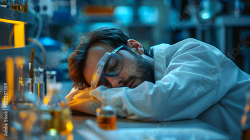 Scientist Asleep in Lab  Dedication to Discovery   Photo Realistic Concept Capturing Long Hours  Research Materials Surrounding Scientist in Laboratory Setting