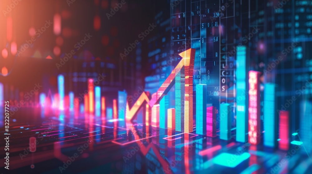 Vibrant financial bars and graphs showing an upward trend, depicting concepts of growth, success, and data analytics in the digital space Vibrant financial bars and graphs showing an upward trend, depicting concepts of growth, success, and data analytics in the digital space