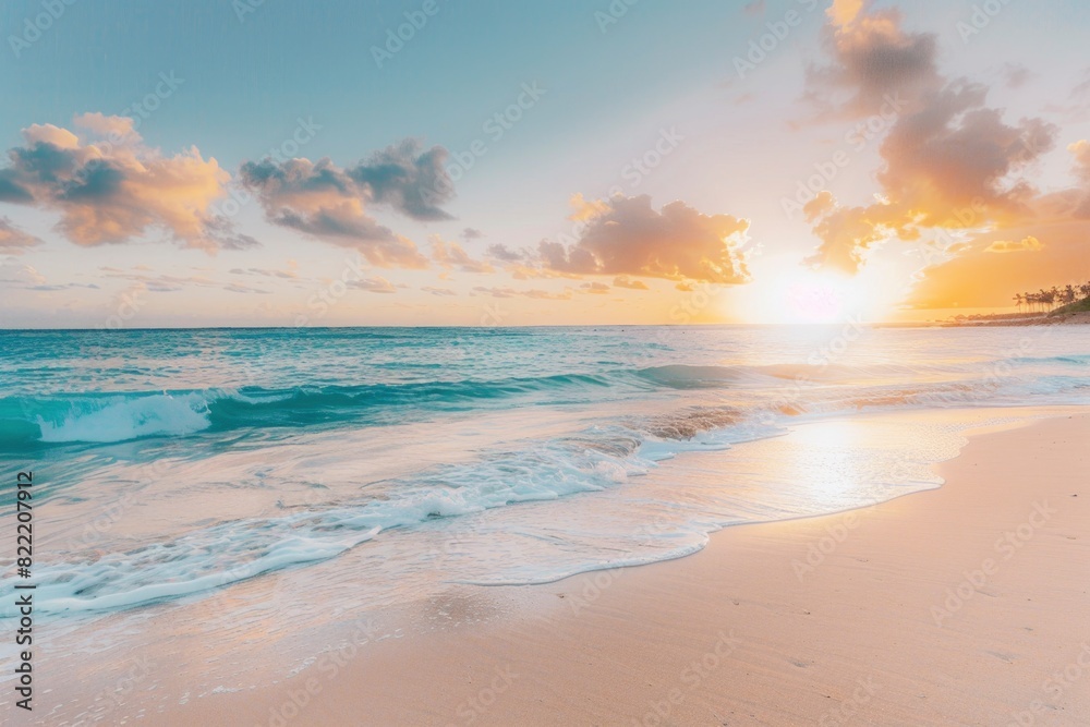 A beautiful beach with a calm ocean and a beautiful sunset. The sky is filled with clouds, creating a serene and peaceful atmosphere A beautiful beach with a calm ocean and a beautiful sunset. The sky is filled with clouds, creating a serene and peaceful atmosphere