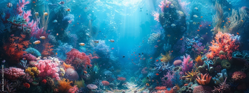 Fototapeta premium A serene underwater kingdom with mermaids, vibrant coral reefs, and sunken treasures.