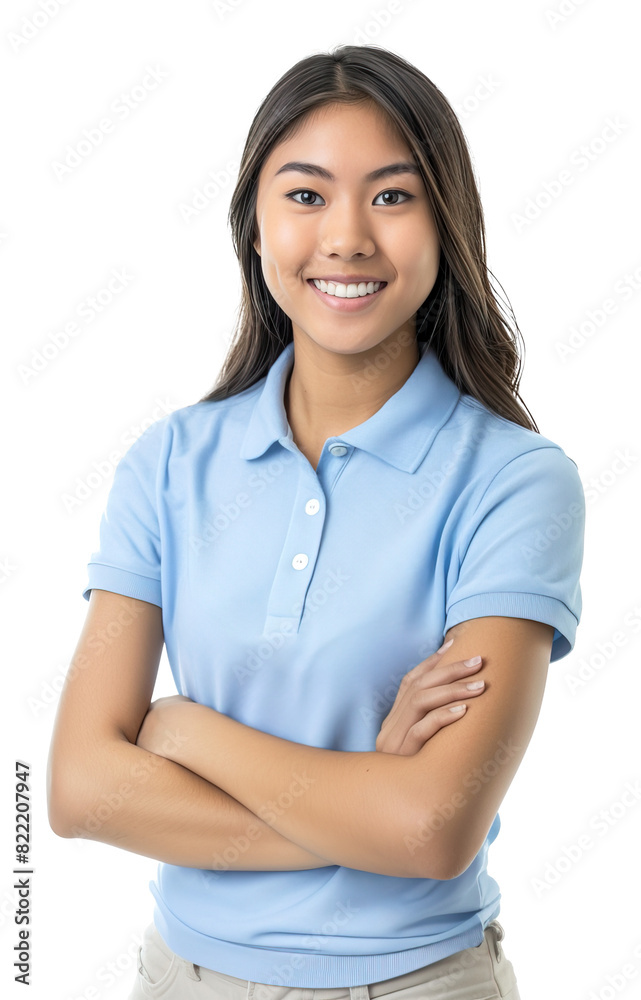 Asian young woman wearing light blue polo shirt uniform for service job. Isolated over transparent background Asian young woman wearing light blue polo shirt uniform for service job. Isolated over transparent background