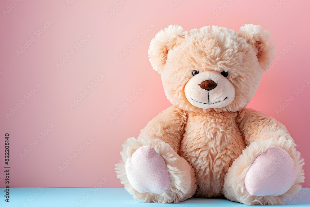 A brown teddy bear sitting in front of a pink wall A brown teddy bear sitting in front of a pink wall