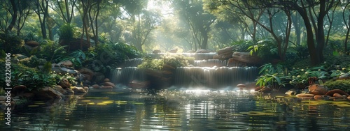 A serene wildlife sanctuary with diverse animals, lush greenery, and a sense of protection and conservation.