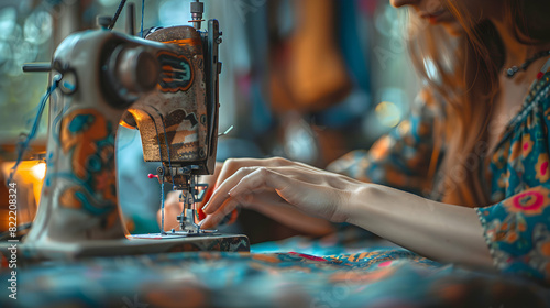 Creative Woman Seamstress Sewing Clothes with Joy and Skill, Concept of Handmade Fashion and Personal Satisfaction in Practical Hobby Photo Realistic Image for Adobe Stock