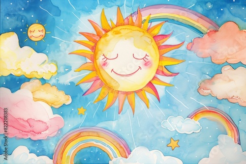 A painting of a sun with a smiling face and a rainbow in the background. The mood of the painting is cheerful and bright