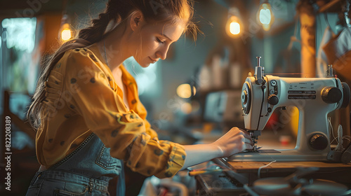 A woman demonstrates creativity and satisfaction in sewing clothes, a photo realistic stock image capturing the intricate details and joy of this practical hobby. photo