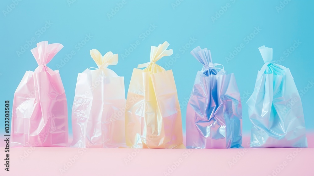 Pastel-colored gift bags lined up in a row, isolated background, soft studio lighting highlighting their vibrant yet gentle tones, ideal for advertising Pastel-colored gift bags lined up in a row, isolated background, soft studio lighting highlighting their vibrant yet gentle tones, ideal for advertising