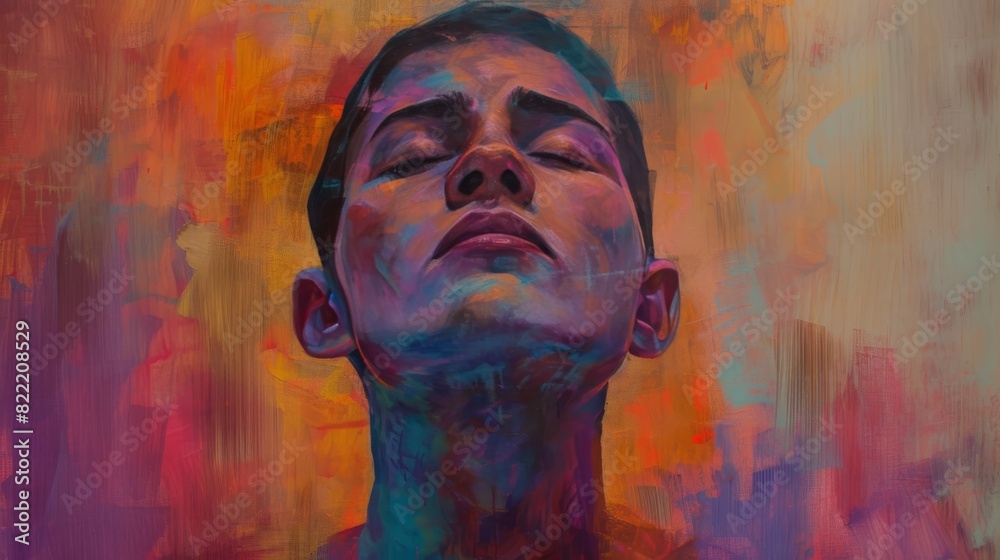 An abstract portrait depicting a person in serene expression, with vibrant painted effects in warm and cool hues blending on the skin.