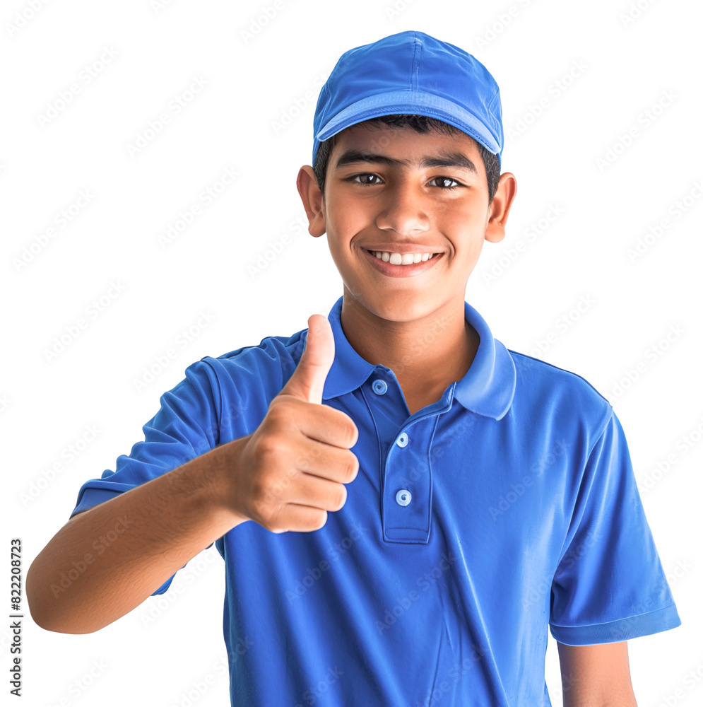 Latin teenage boy wearing delivery service uniform with blue polo shirt and cap, ´posing with thumbs over. Isolated over transparent background Latin teenage boy wearing delivery service uniform with blue polo shirt and cap, ´posing with thumbs over. Isolated over transparent background