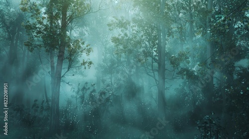 A forest with trees and a misty atmosphere. The trees are tall and green  and the sky is cloudy. Scene is calm and peaceful  with the mist adding a sense of mystery and serenity to the scene