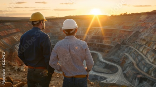 Two engineers in hard hats looking out over a large open-pit mine © Sittipol 