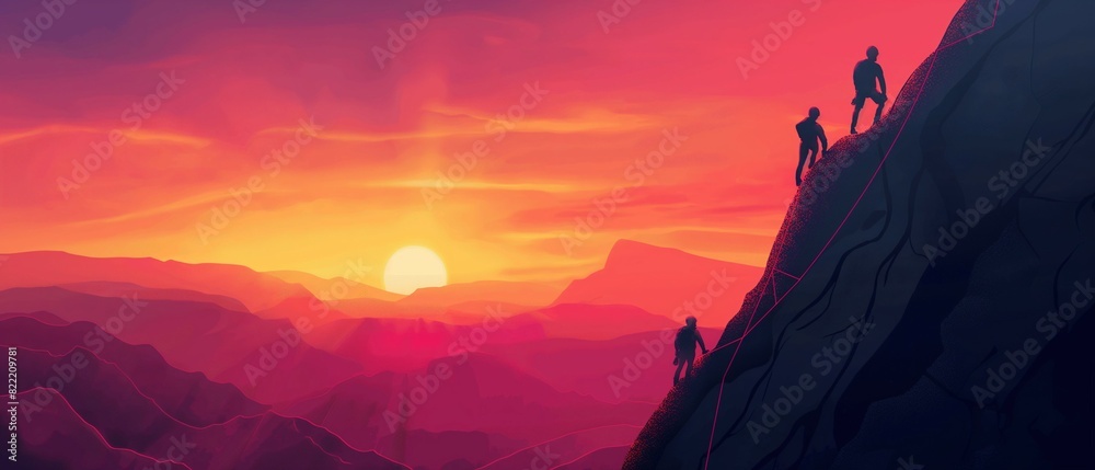 Graphic scenery of three men climbing a mountain rock at sunrise with a long rope