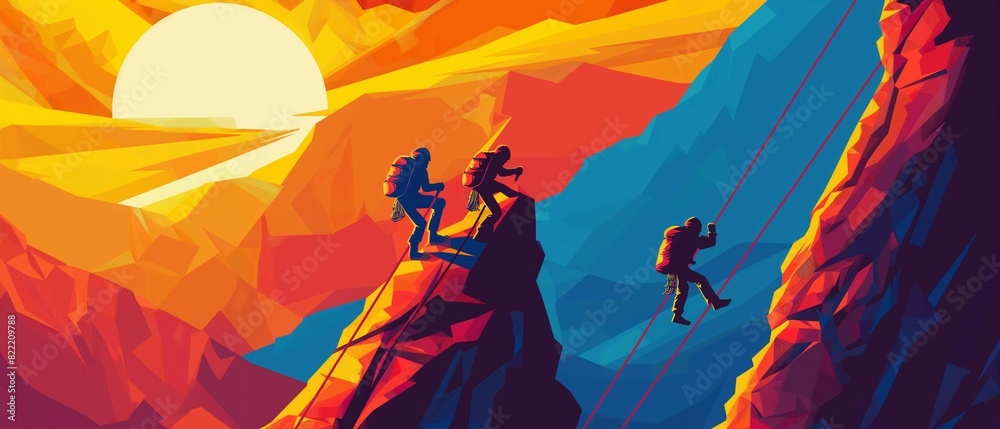 Fototapeta premium Graphic scenery of three men climbing a mountain rock at sunrise with a long rope