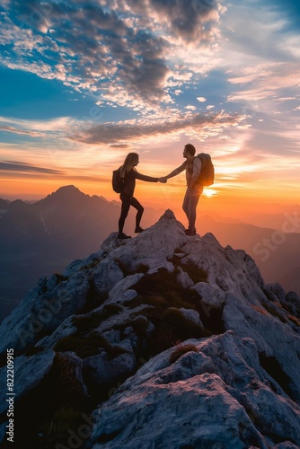 Two people shaking hands at the top of a mountain at sunrise
