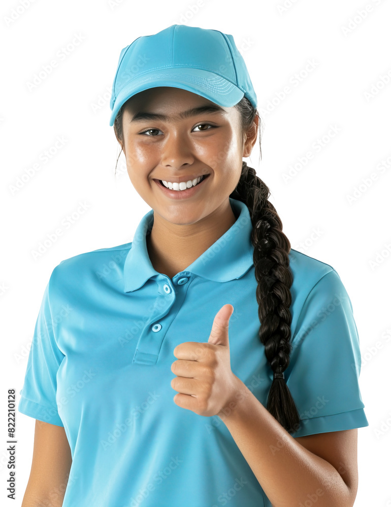 Teenage Polynesian girl wearing her first job uniform for costume service doing thumbs up. Isolated transparent background Teenage Polynesian girl wearing her first job uniform for costume service doing thumbs up. Isolated transparent background