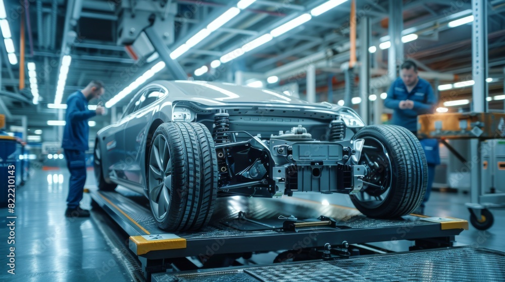 Fototapeta premium High-detail photo of an EV car on a lift, with technicians examining the suspension system