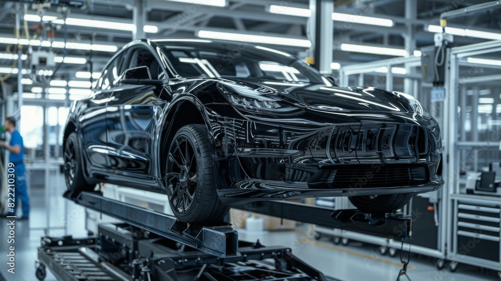 Fototapeta premium High-detail photo of an EV car on a lift, with technicians examining the suspension system