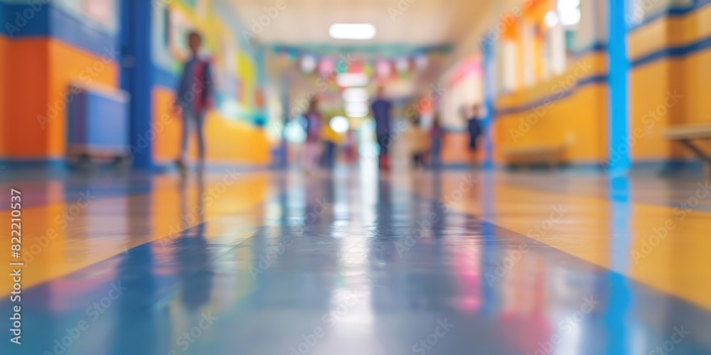 Blurred background of the corridor in an elementary school, with colorful decorations and bright lights.