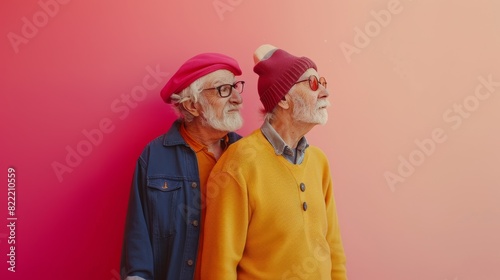 Senior Gay Couple in Fashionable Attire, Showcasing LGBTQ Pride and Style