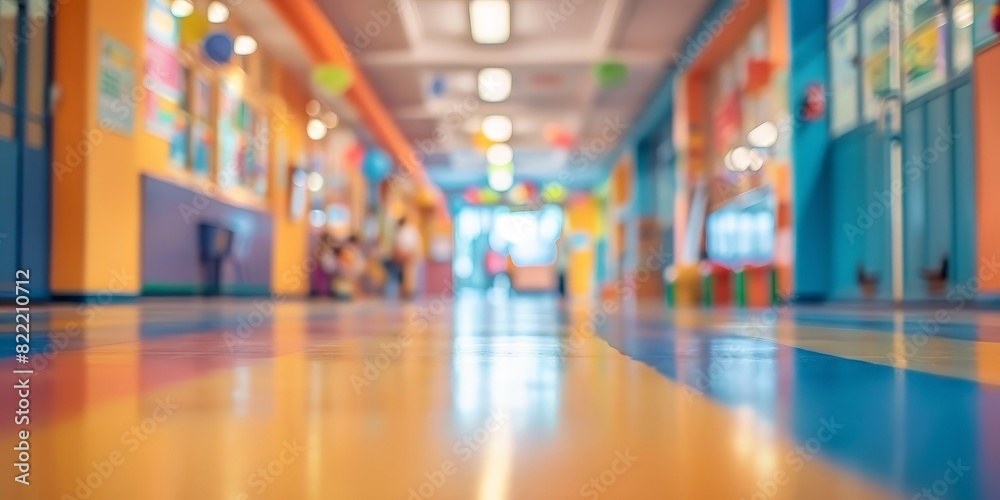 Blurred background of the corridor in an elementary school, with colorful decorations and bright lights.