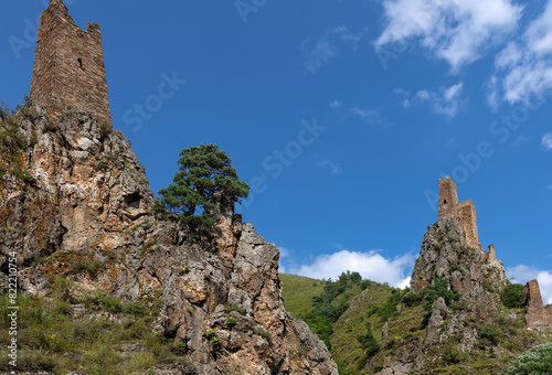 The complex of Ingush defense watchtowers Vovnushki. Guloikhi gorge. The Republic of Ingushetia. Russia photo