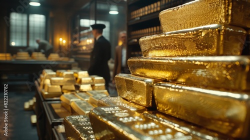 High-detail photo of stacked gold bars in a secure vault, with treasury officials in the background