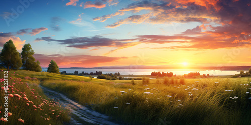 A warm crisp morning and a path stretching into the distance between fields of fresh green grass and summer flowers. Panorama of vast rural landscape.